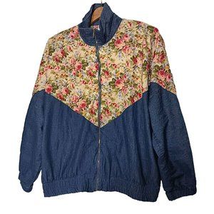 Vintage Womens M Jacket Lightweight Chambray Floral Peony Alice Martin Zip Up